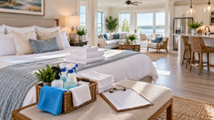 Folded white towels, toiletries, spare keys, and slippers staged in the entryway of a guest-ready North Carolina vacation rental
