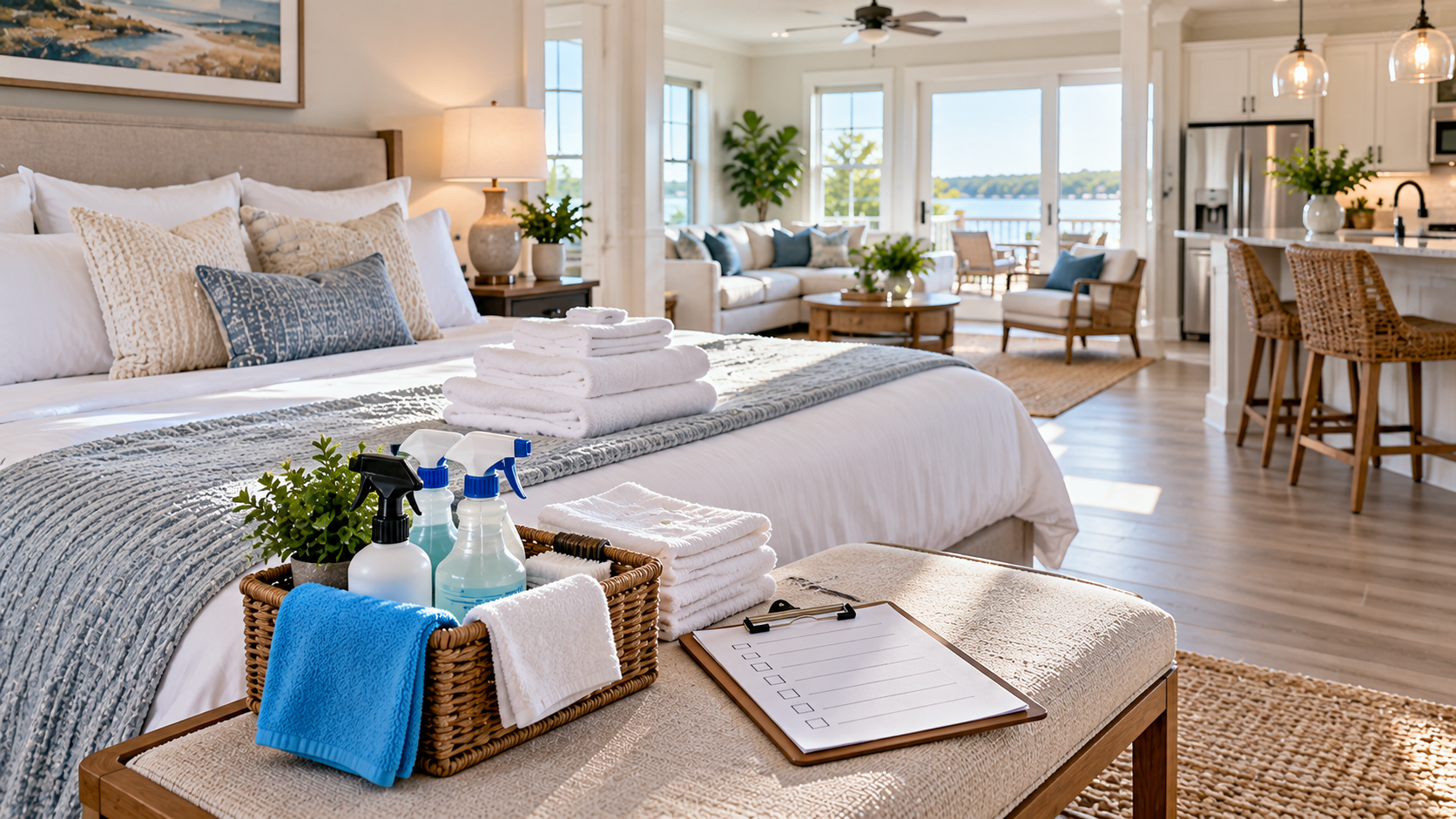 Folded white towels, toiletries, spare keys, and slippers staged in the entryway of a guest-ready North Carolina vacation rental